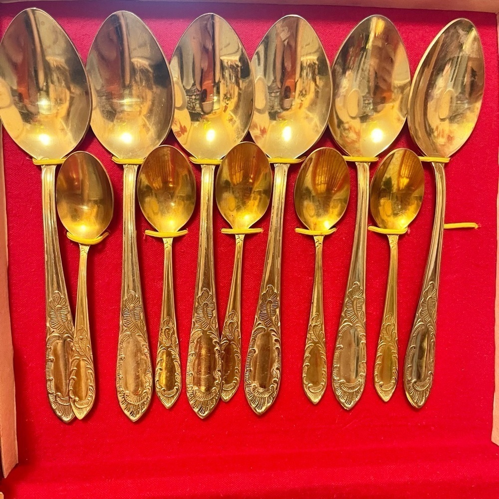 VTG Soviet Gold-Plated Flatware Set USSR 22 pcs Spoons, Forks, Knives Box - Picture 3 of 13